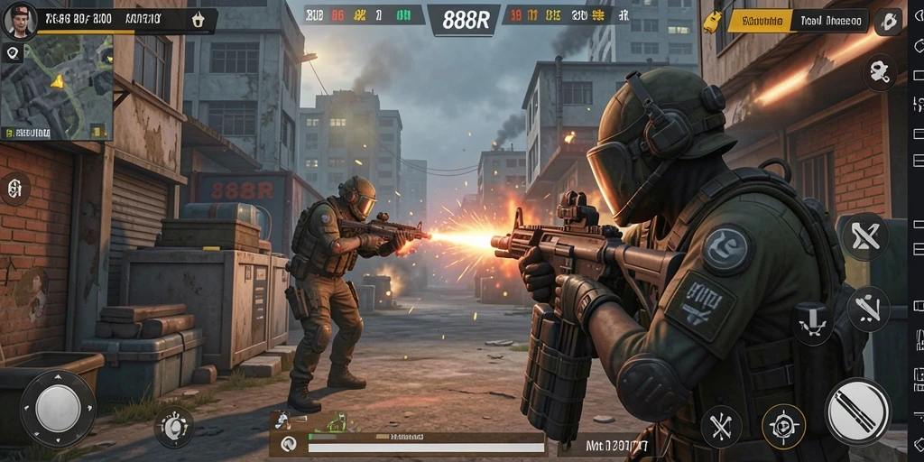 Tampilan gameplay mendebarkan dalam 888R dengan aksi tembak-menembak yang seru.