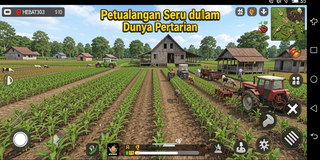 Screenshot HEBAT303 menampilkan pemain yang sedang merawat ladang pertanian.