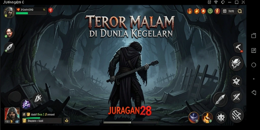 Screenshot dari gameplay <strong>JURAGAN28</strong> yang menampilkan suasana horor yang mencekam.