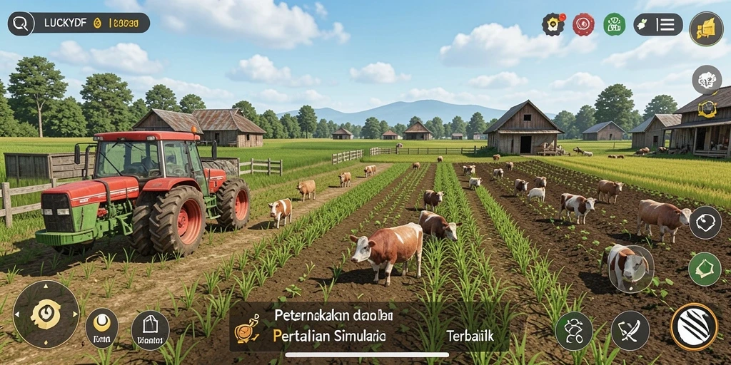 Tampilan gameplay <strong>LUCKYDF</strong> yang menampilkan ladang yang subur dan hewan ternak.