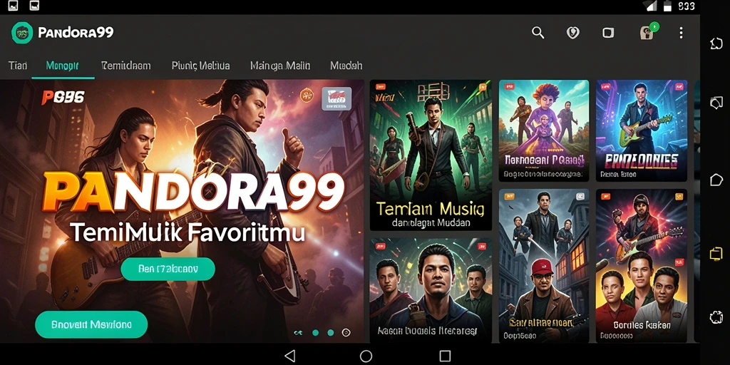 Tampilan utama PANDORA99 dengan pilihan lagu dan playlist.