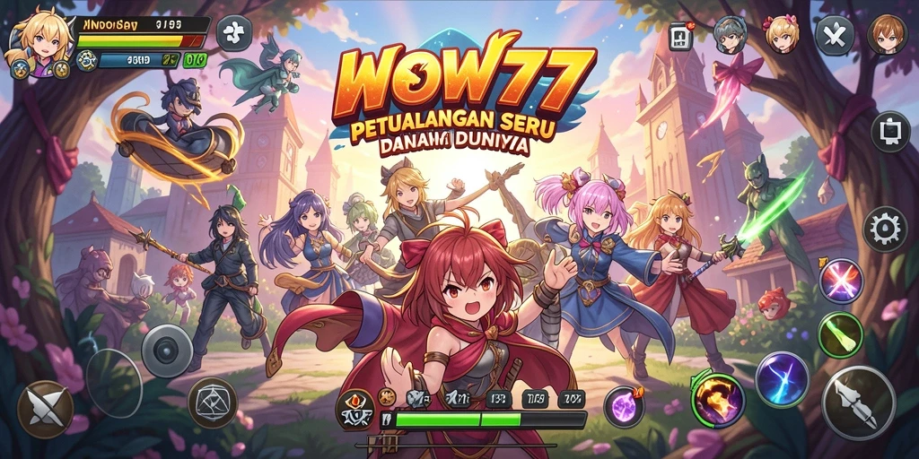 Screenshot utama WOW77 menampilkan pertarungan seru antar karakter Anime.